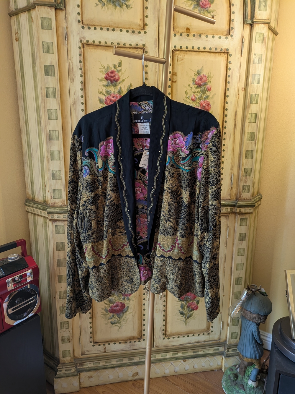 Carole Little Black Jacket with Gold Brocade and Multicolor Floral Embroidery